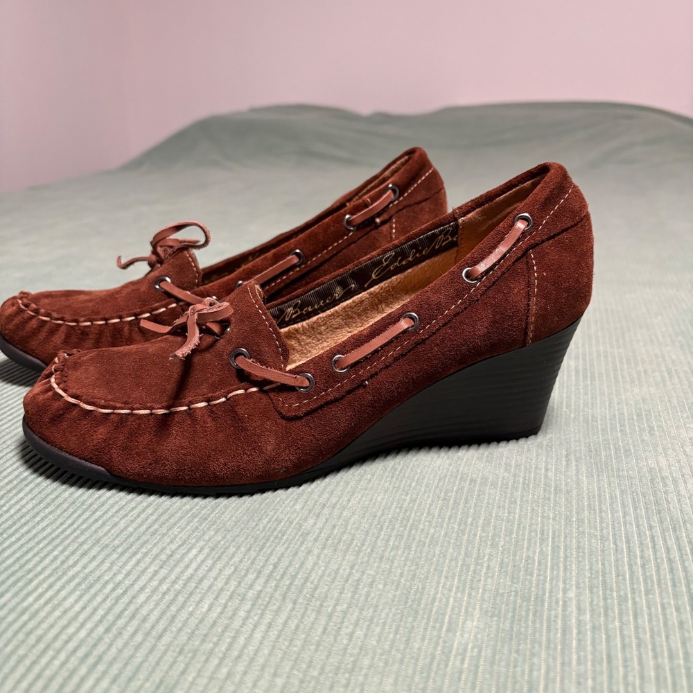 Eddie Bauer Brown Suede‎ Leather Wedge Moccasin Shoes Womens 9 Med